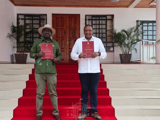 William Ruto and Raila Odinga have locked horns over the BBI bill. President Uhuru Kenyatta (right) and Raila Odinga (Left) have been at the forefront of promoting the planned constitutional amendment Photo: State House/Twitter.